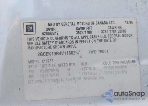 1997 Chevrolet K1500 Fleetside from USA, damaged, VIN 2GCEK19R4V1168257